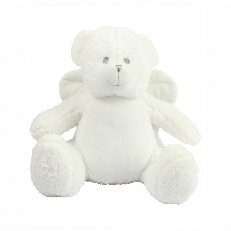 Photo de la peluche range-pyjama ourson blanc avec des ailes d'ange.