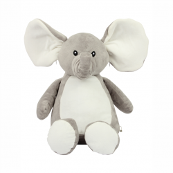 Photo de la peluche range-pyjama éléphant grise et blanche.