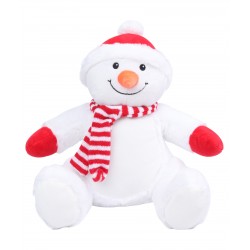 Photo de la peluche range-pyjama bonhomme de neige rouge et blanche.