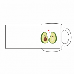 Mug blanc avec couple d'avocat et rectangle montrant où la personnalisation peut être ajoutée.