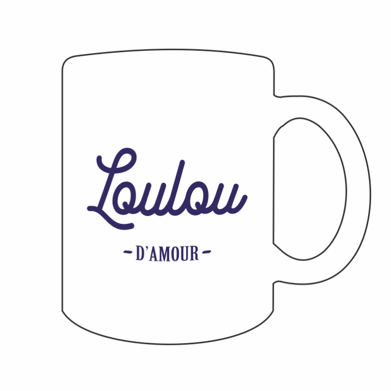 Dessin du mug blanc personnalisé avec l'inscription "Loulou d'Amour".