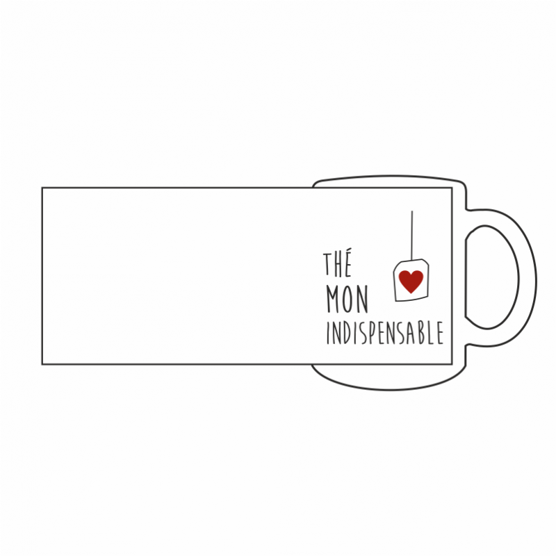 Mug blanc avec inscription "Thé mon indispensable" et rectangle montrant où la personnalisation peut être ajoutée.