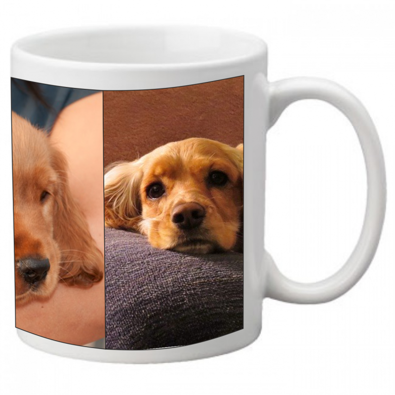 Photo du mug blanc avec trois photos de chiens en exemple sur la surface.