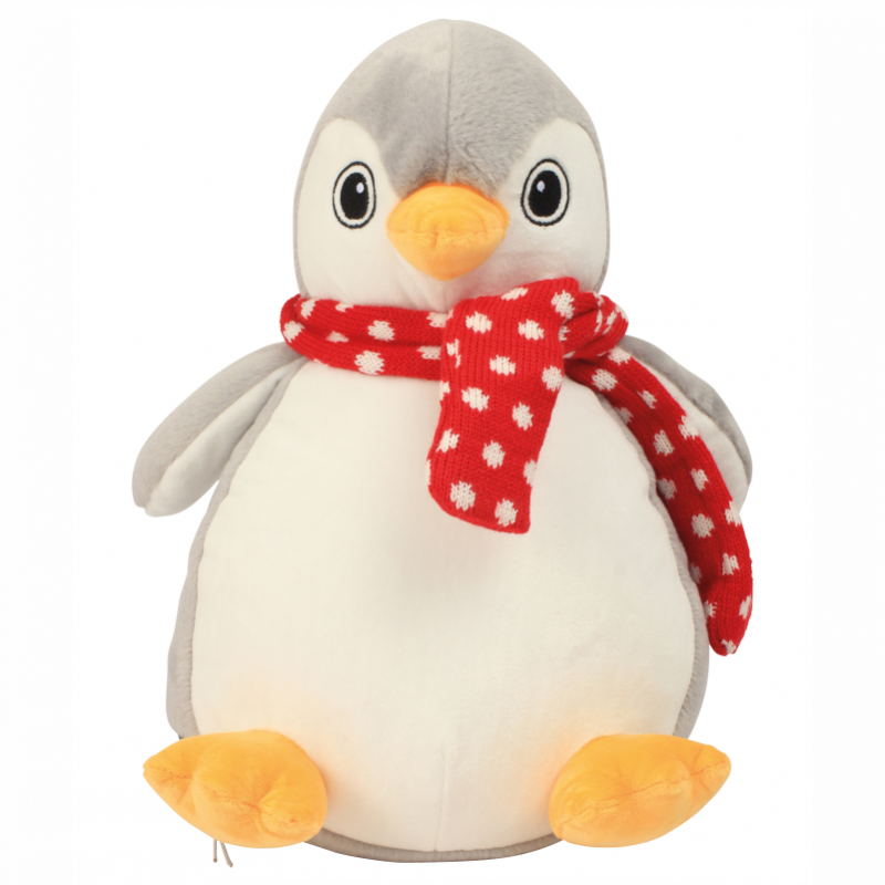 Photo de la peluche range-pyjama pingouin gris avec une écharpe rouge.