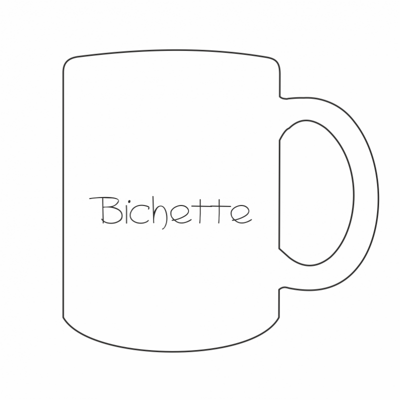 Dessin du mug blanc personnalisé avec l'inscription "Bichette" dessus.