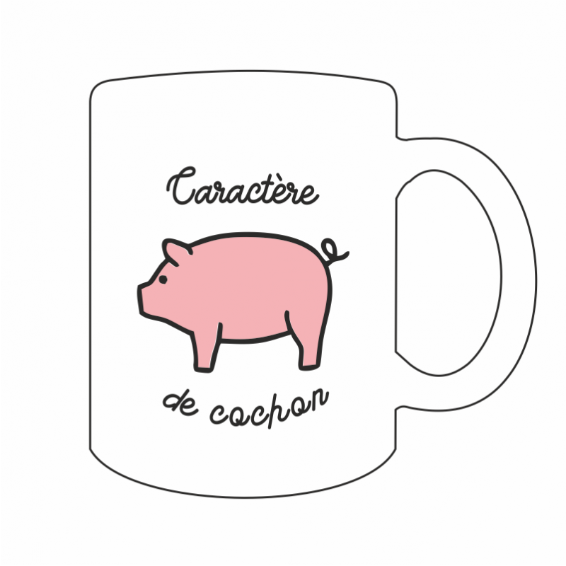 Dessin du mug blanc personnalisé avec l'inscription "Caractère de cochon" et le dessin d'un cochon dessus.