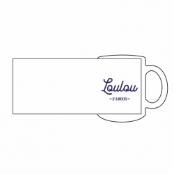 Mug blanc avec inscription "Loulou d'Amour" et rectangle montrant où la personnalisation peut être ajoutée.